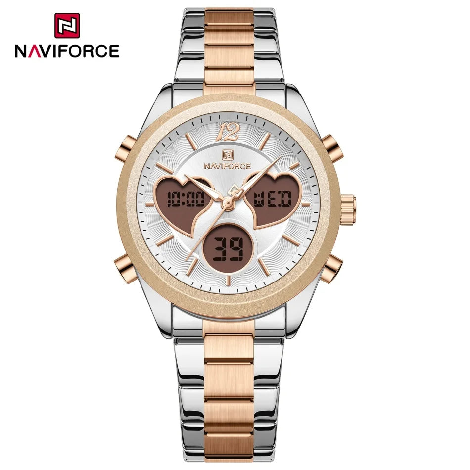 NAVIFORCE Women Watch Unique Design of Heart-Shaped Dial Quartz Analog LCD Digital Watches Fashion Casual Girlfriend Gifts Clock