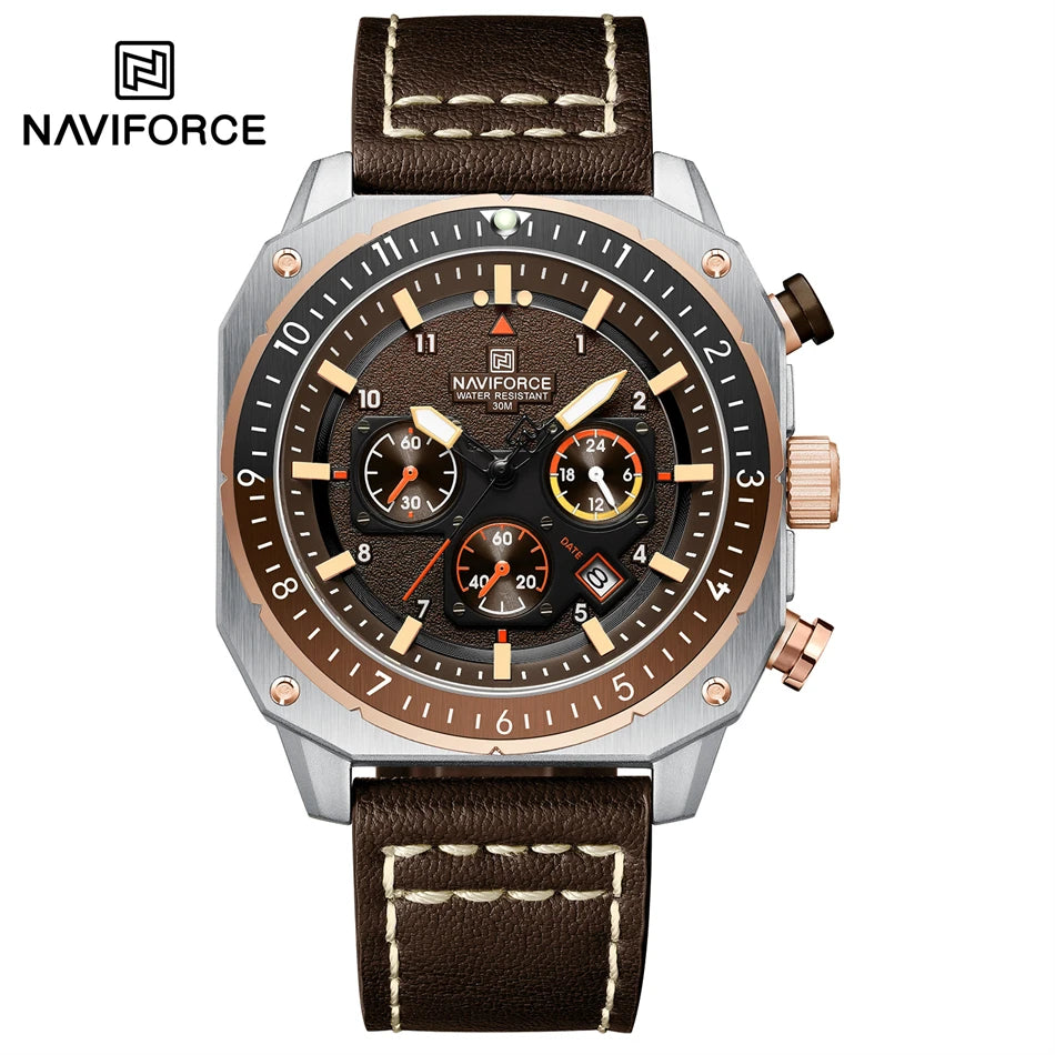 NAVIFORCE Sports Multifunction 24 Hours Date Display Waterproof Watch for Men Fashion Leather Quartz Analog Luminous Wrist Watch
