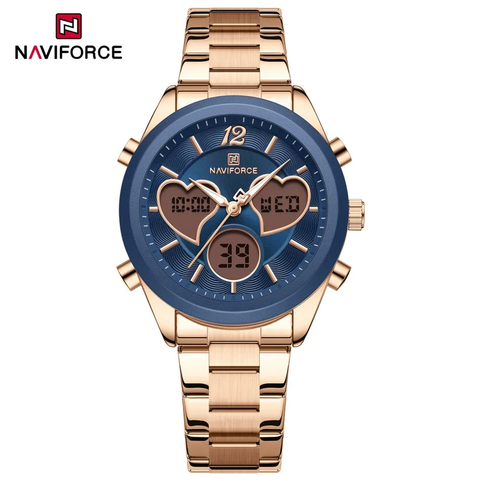 NAVIFORCE Women Watch Unique Design of Heart-Shaped Dial Quartz Analog LCD Digital Watches Fashion Casual Girlfriend Gifts Clock