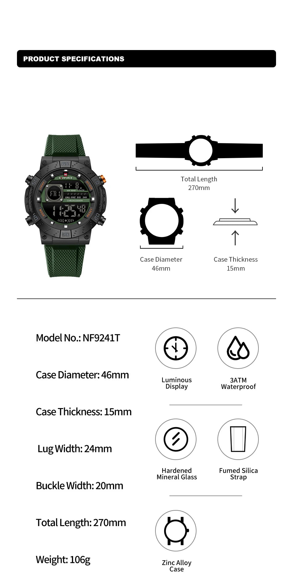NAVIFORCE Watches for Men LCD Digital Auto Date Week Display Luminous Soft Silicone Strap  Fashion Wristwatch Relogio Masculino