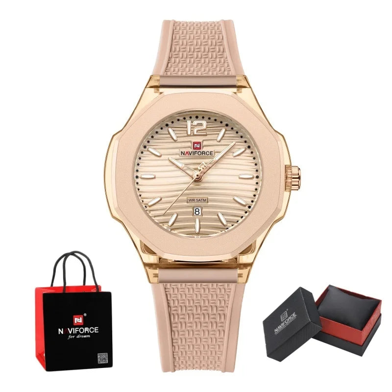 NAVIFORCE Woman's Watch Quartz Waterproof Silicone Band Date Display Wristwatch Luxury Trendy Ladies Dress Wristwatch Gifts Box
