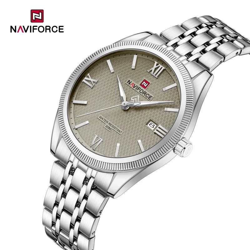 NAVIFORCE Man Wristwatch Quartz Calendar 30M Waterproof Date Display Steel Band Casual Male Business Watch Gift for Father's Day