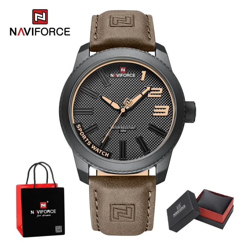 NAVIFORCE Man's Simple Fashion Quartz Watch Waterproof Soft PU Strap Mature Male Outdoor Daily Wear Sports Wristwatch Gifts Box