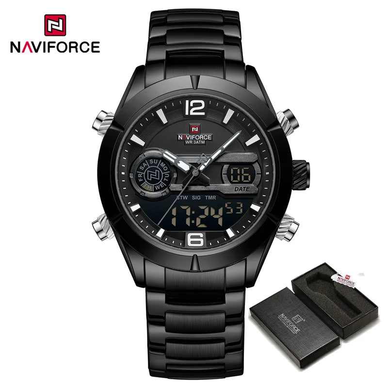 NAVIFORCE Brand Luxury Watch For Men Waterproof Digital Sport Quartz Wristwatches Military Luminous Stainless Steel Strap Clock