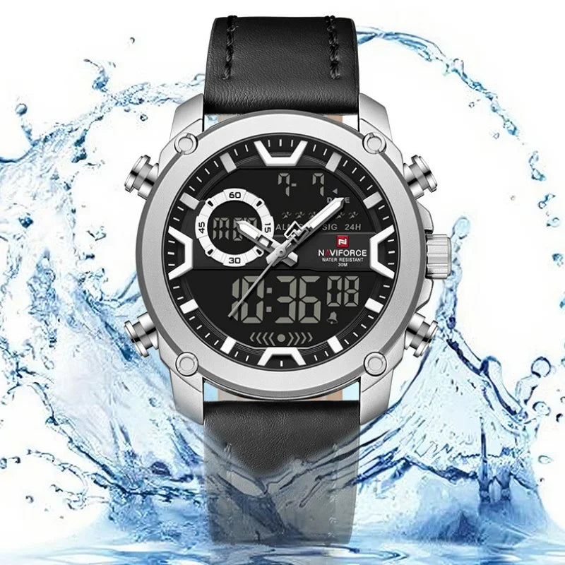 NAVIFORCE Man's Watch Quartz Dual Display Waterproof Leather Strap Alarm Male Simple Fashion Business Casual Wristwatch Gift Box