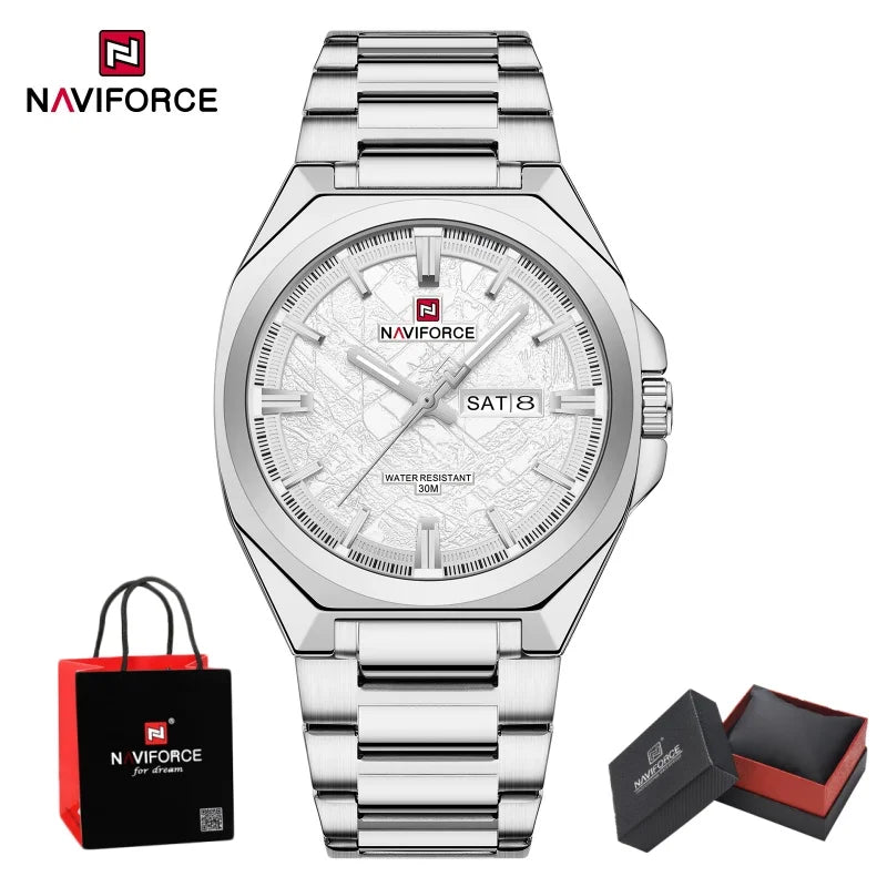 NAVIFORCE Male Quartz Stylish Wristwatch Date Week Display Waterproof Luminous Steel Band Man's Clock Luxury Wristwatch Gift Box