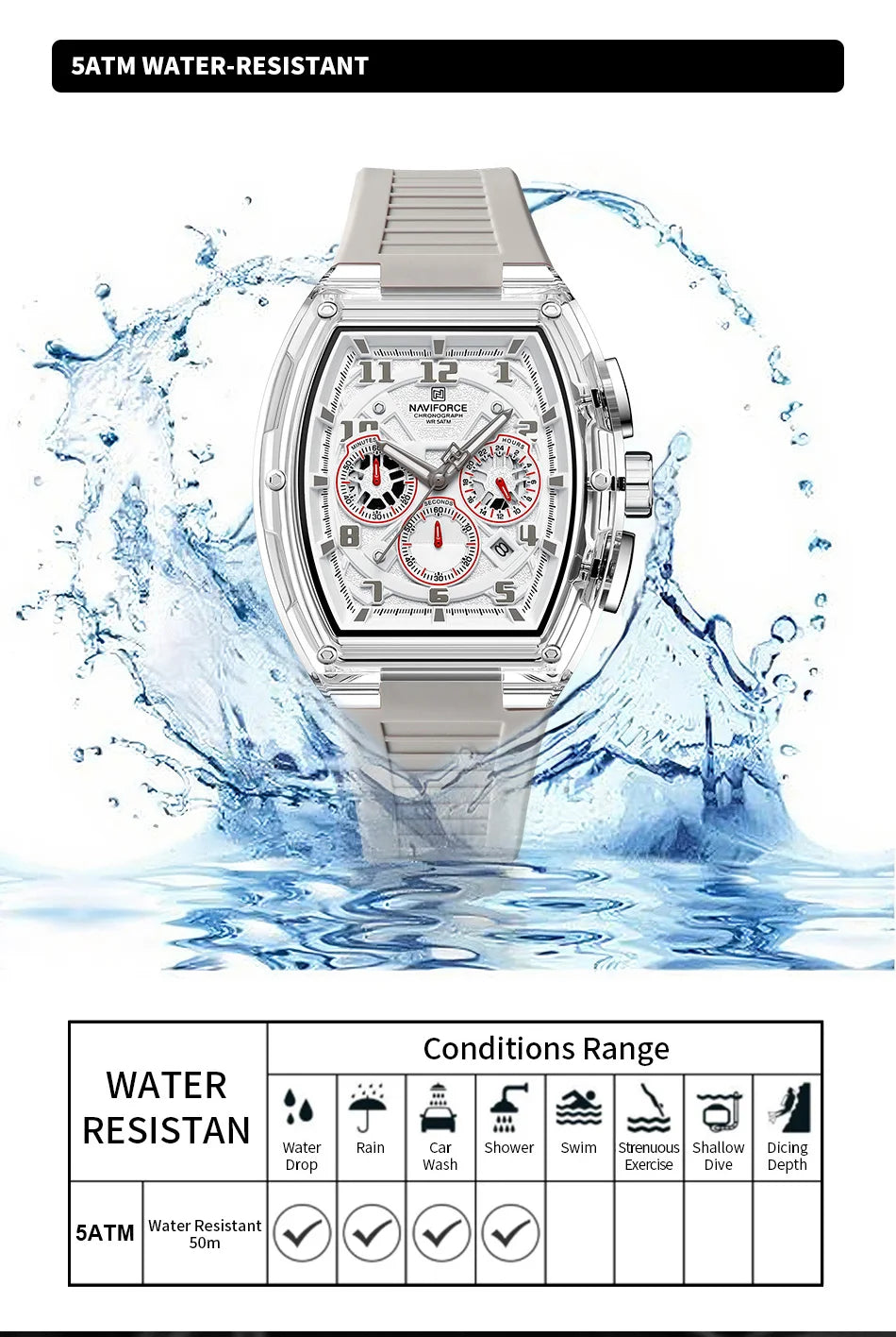 NAVIFORCE Man's Quartz Watch 50M Water Resistant Luminous Male Sports Wristwatch Barrel Dial Multi Function Casual Tech Stylish