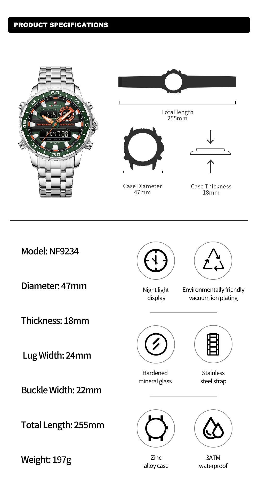 NAVIFORCE Original Watches for Men Analog Digital Sport Quartz Wrist Watch Male Military Luminous Waterproof Steel Alarm Clock