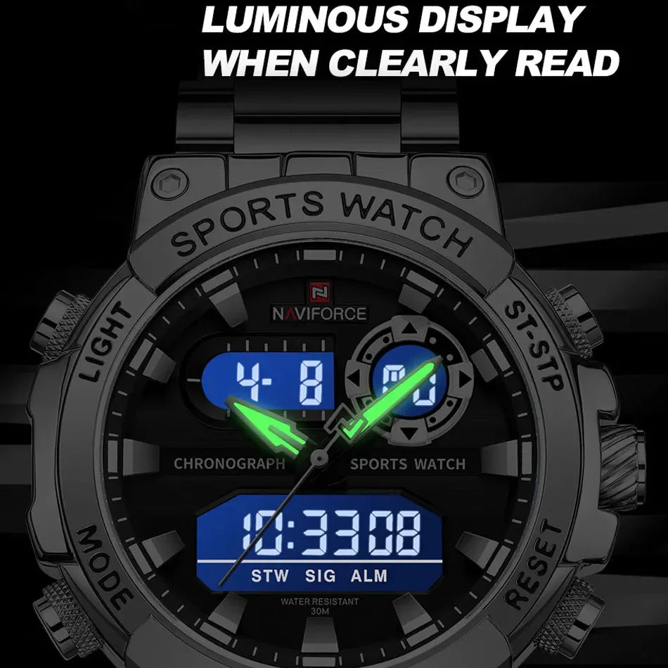 NAVIFORCE Men Watch Stopwatch Dual Time Display Men's Watch Fashion Sport Watch Stainless Steel Strap Waterproof  Package Gifts