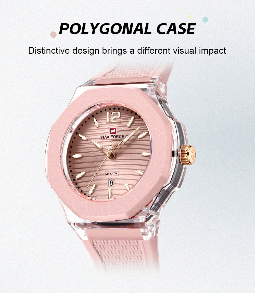 NAVIFORCE Woman's Watch Quartz Waterproof Silicone Band Date Display Wristwatch Luxury Trendy Ladies Dress Wristwatch Gifts Box