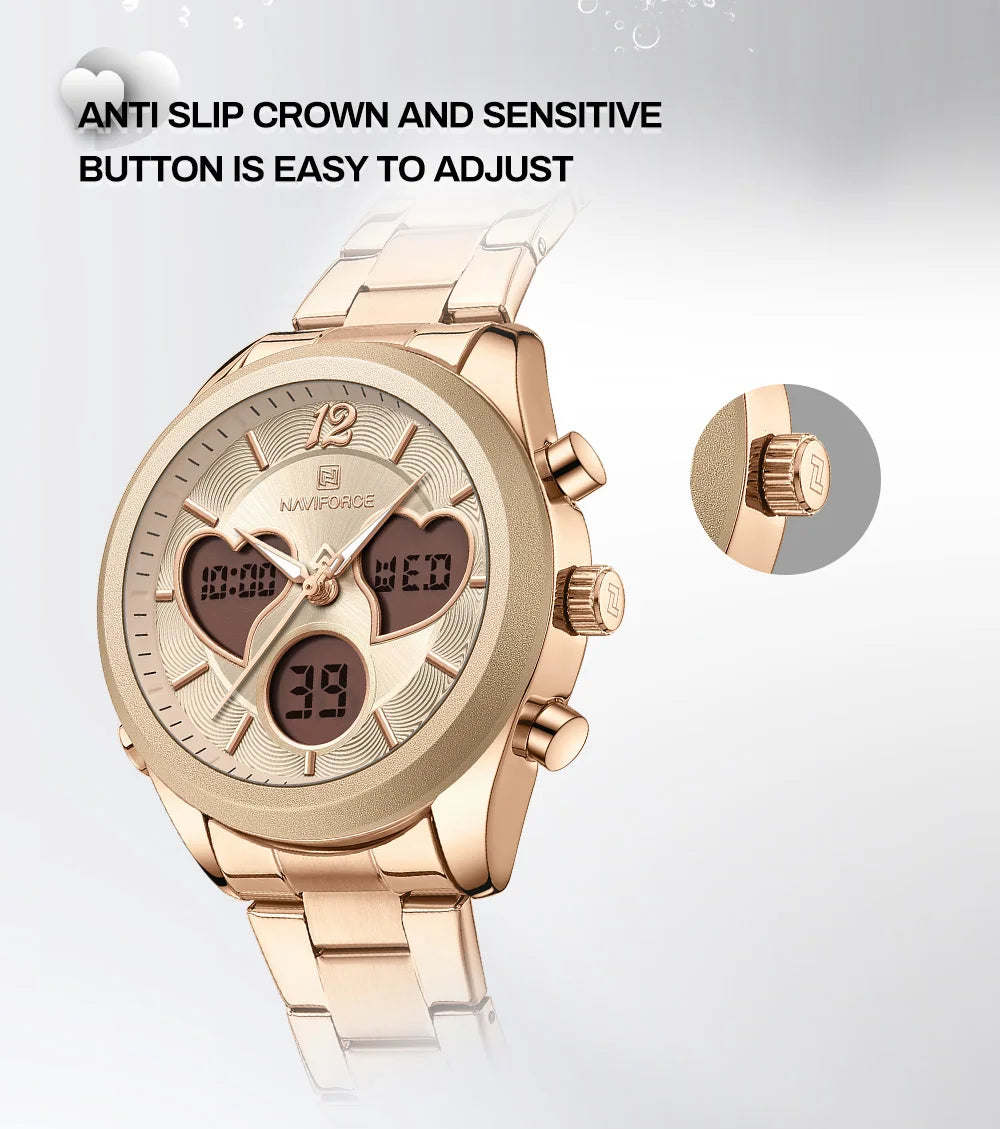 NAVIFORCE Women Watch Unique Design of Heart-Shaped Dial Quartz Analog LCD Digital Watches Fashion Casual Girlfriend Gifts Clock