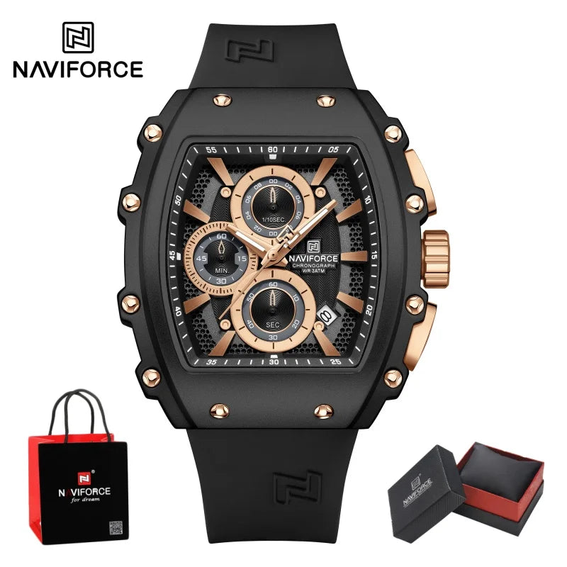 NAVIFORCE Leisure Male Clock Chronograph Watches for Man Quartz 30M Waterproof Luminous Hands Silicone Strap Wristwatch Gift Box