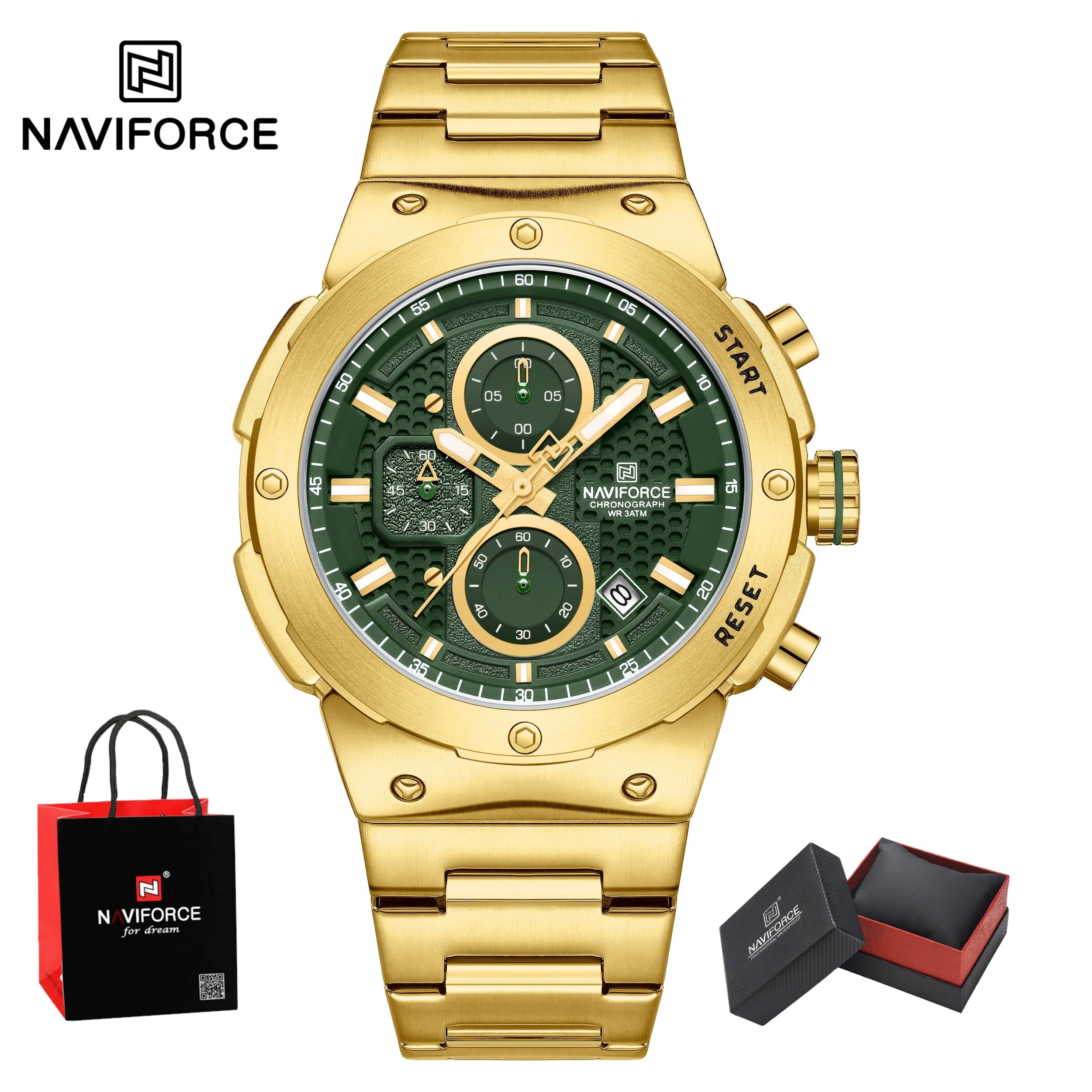 NAVIFORCE Man Watch Stainless Steel Sport Military Wristwatch Luxury Men Watches Luminous Waterproof Chronograph Quartz  Gifts