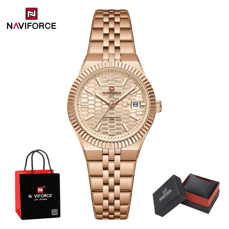 NAVIFORCE Luxury Women Quartz Calendar Watch 30M Waterproof Luminous Steel Strap Female Casual Girls Fashion Wristwatch Gift Box