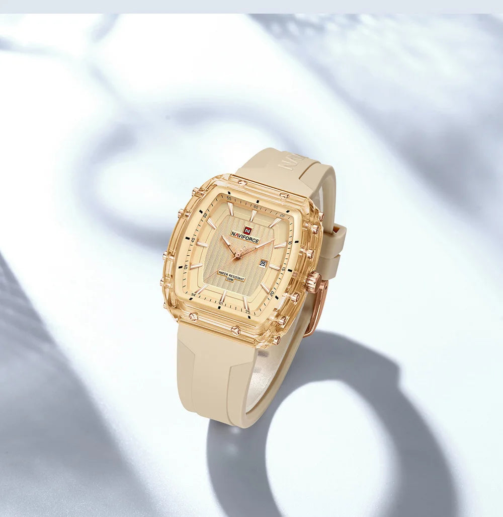 NAVIFORCE Woman's Watch Quartz Calendar 5ATM Waterproof Silica Strap Elegant Ladies Luxury Stylish Simple Wristwatch Gift Box