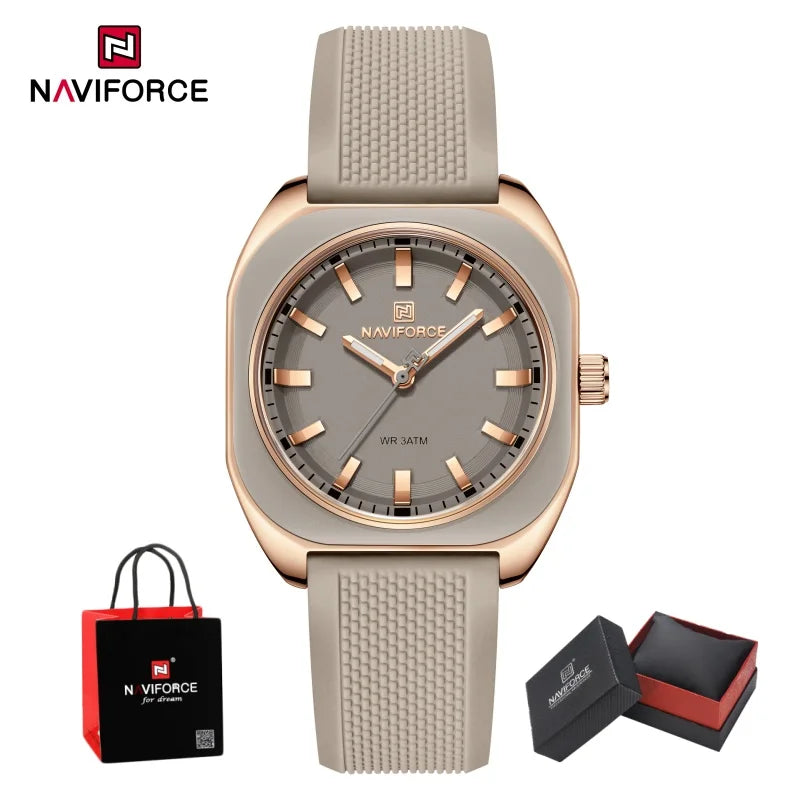 NAVIFORCE Womens Square Quartz Watch 3ATM Waterproof Luminous Silicone Strap Casual Fashion Dress Elegant Wristwatch Gifts Box