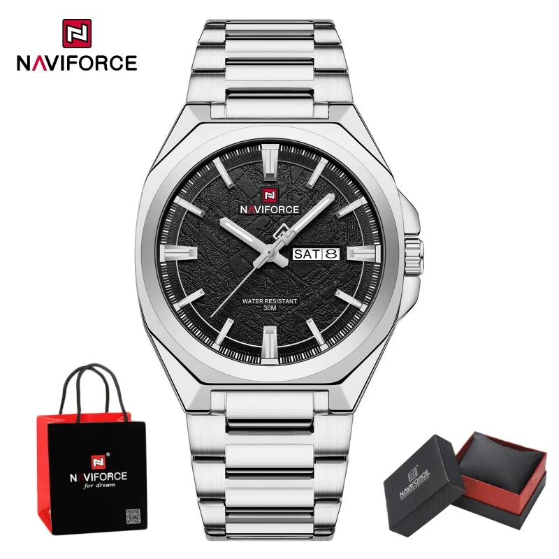 NAVIFORCE Male Quartz Stylish Wristwatch Date Week Display Waterproof Luminous Steel Band Man's Clock Luxury Wristwatch Gift Box