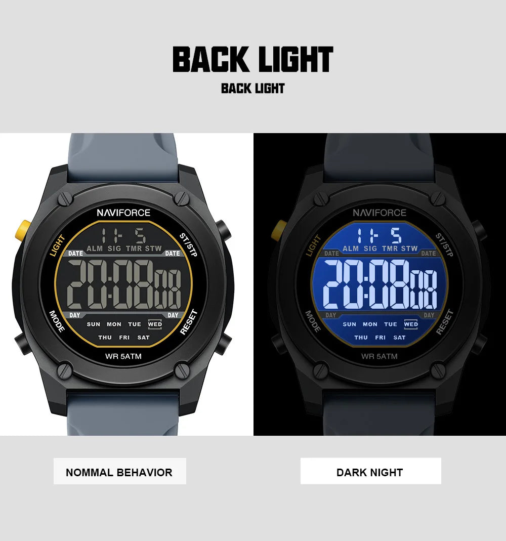 NAVIFORCE Men Digital Watch Sports Fashion Watches Waterproof 50M Man HD Electronic Screen Student Cool Alarm Display Wristwatch