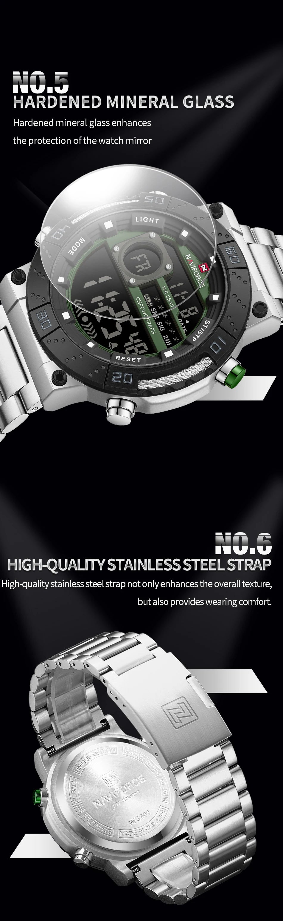 NAVIFORCE Watches for Men LCD Digital Luminous Stainless Steel Strap Male Hot Sale Business Luxury Wristwatch Relogio Masculino