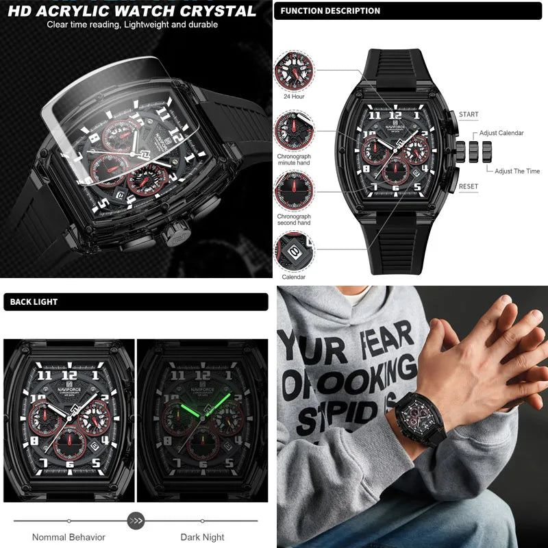 NAVIFORCE Men Fashion Watches Quartz Multifunction Chronograph 50M Waterproof Clock Silicone Strap Male Outdoor Sport Wristwatch