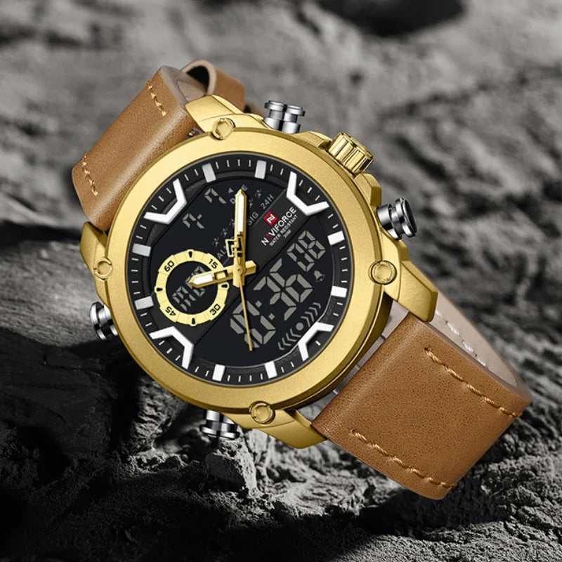 NAVIFORCE Mens Watch Original Simple Brand Quartz Watch Japan Movement Genuine Band Luminous Dual Display Watches For Men Gifts