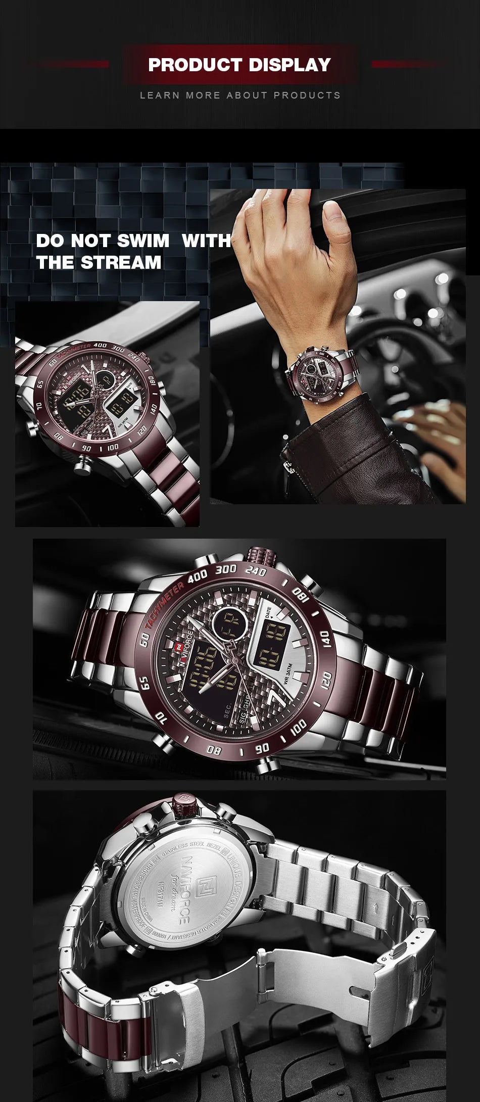 NAVIFORCE Male Quartz Dual Display Clocks Waterproof Luminous Stainless Steel Strap Watches Men Mature Style Wristwatch Gift Box