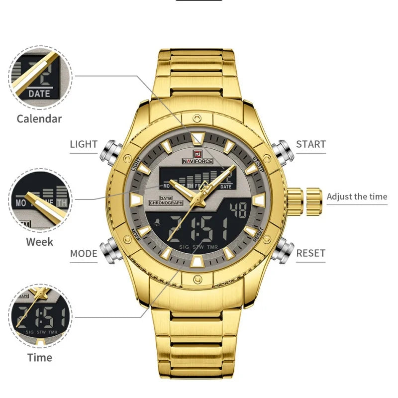 NAVIFORCE Brand Men's Watches Luxury Fashion Stainless Steel Quartz Chronograph Alarm Wristwatch for Male Water Resistant Sport