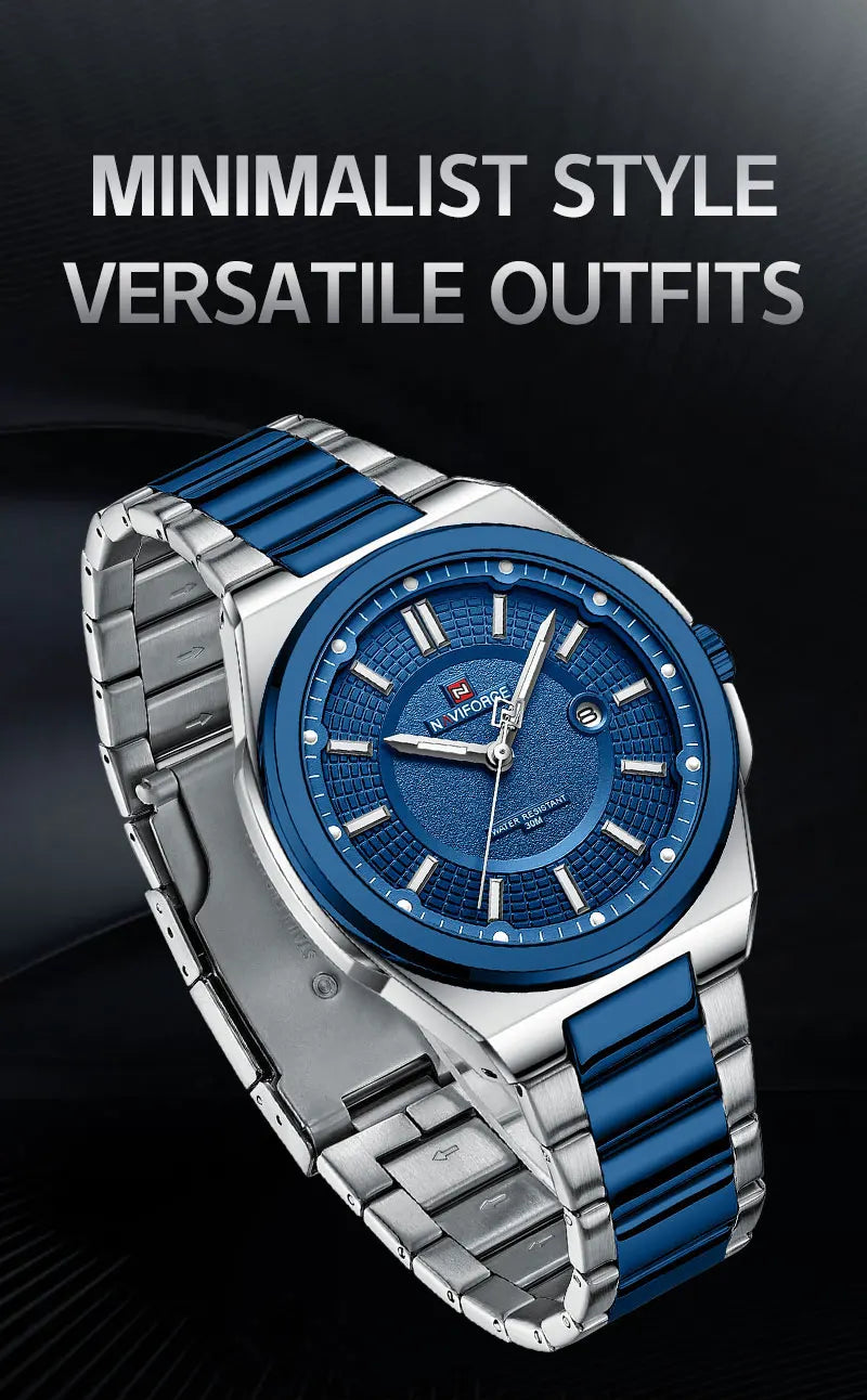 NAVIFORCE Men's Watch Stainless Steel Strap Military Casual Business Quartz Waterproof Calendar Clock with Gift Box