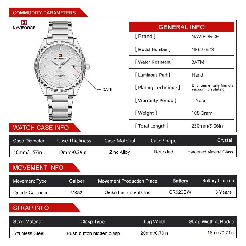 NAVIFORCE Fashion Watches for Men Luxury Business Stainless Steel Strap Quartz Wristwatches Waterproof Calendar Luminous Clock