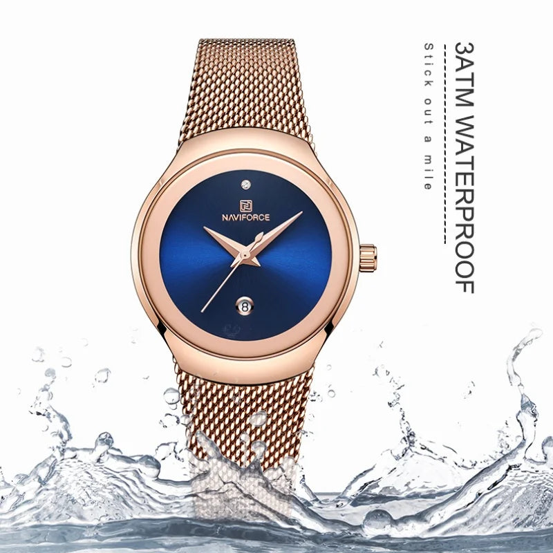 NAVIFORCE Women's Simple Quartz Watches 30M Waterproof Auto Date Steel Strap Female Casual Fashion Daily Use Wristwatch Gift Box