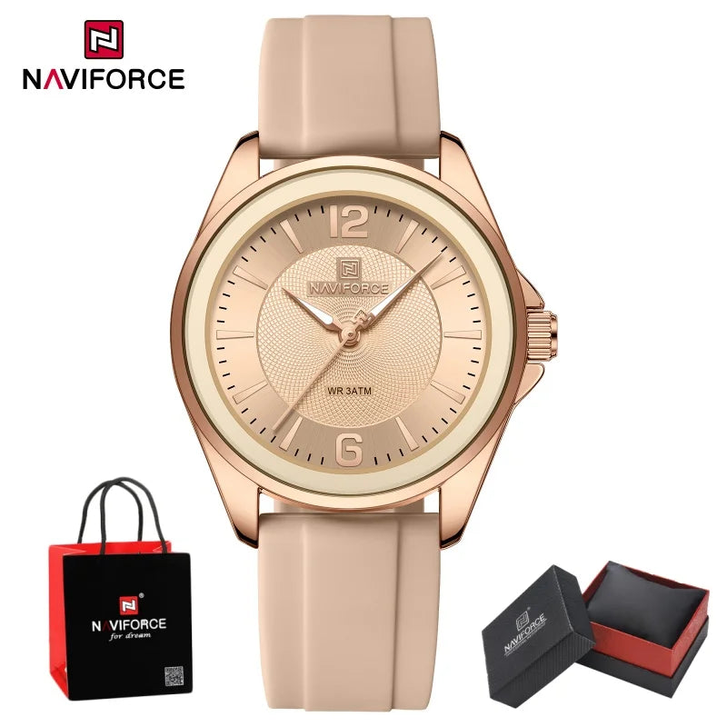 NAVIFORCE Top Brand Women's Quartz Watch Silicone Strap Fashionable Wristwatch Comfortable Girls Simple Gift Clock Box NF5068