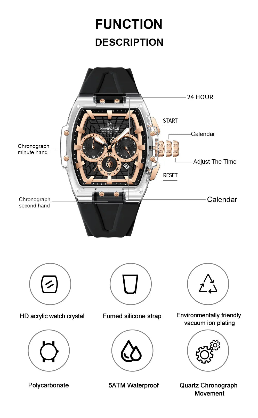 NAVIFORCE Men's Quartz Watch Waterproof Luminous Chronograph with Date Display 24-Hour Male Military Sports Wristwatch Gift Box