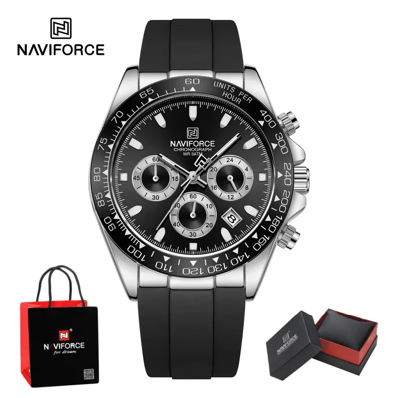 NAVIFORCE Quartz Men's Leisure Chronograph Watch Waterproof Luminous Silica Strap Unique Design Man Fashion Wristwatch Gift Box