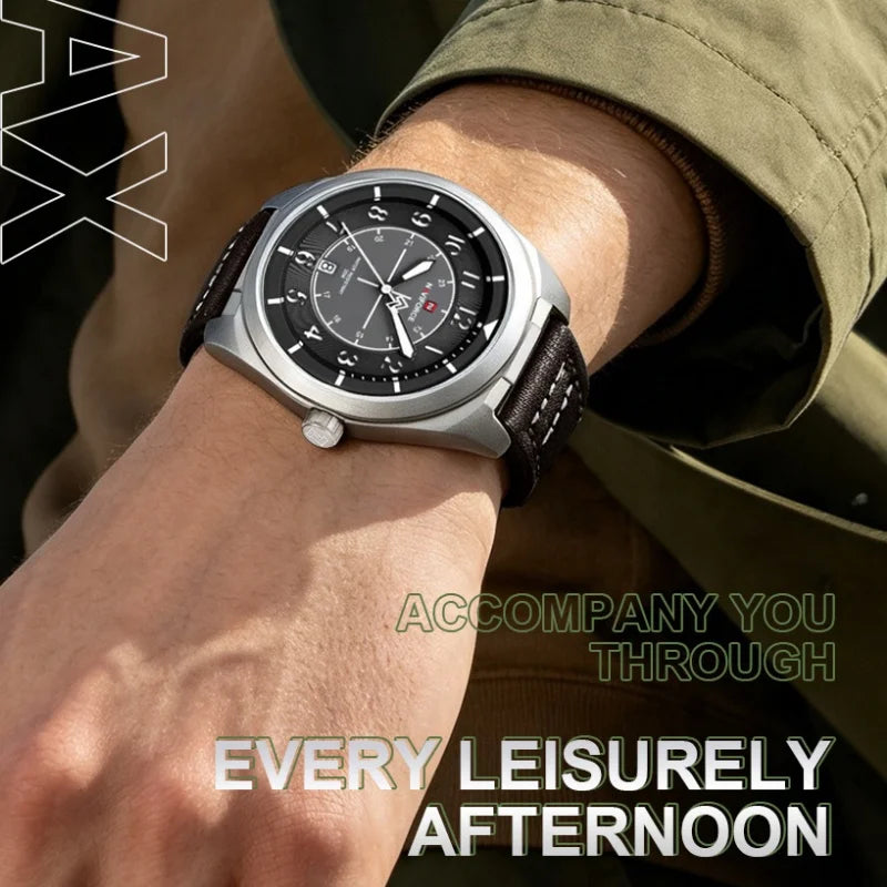 NAVIFORCE Men's Quartz Calendar Watch 3ATM Waterproof Leather Strap Casual Fashion Business Daily Wear Male Wristwatch Gift Box