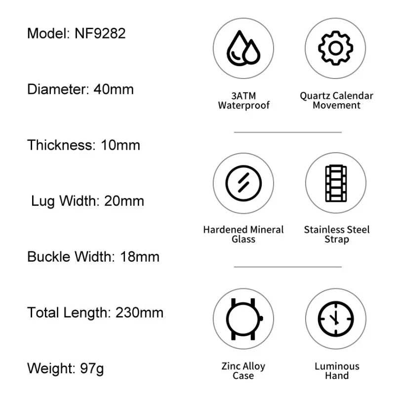 NAVIFORCE Man Wristwatch Quartz Calendar 30M Waterproof Date Display Steel Band Casual Male Business Watch Gift for Father's Day