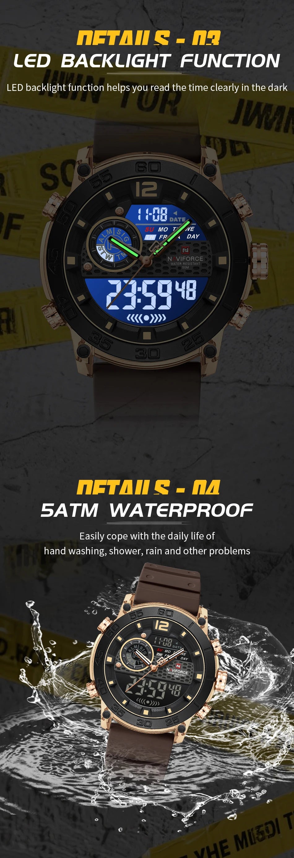 Men Watch NAVIFORCE Fashion Casual Quartz Luminous Watches  Waterproof  Wristwatch Silicone Band Day and Date Display Clock 6104