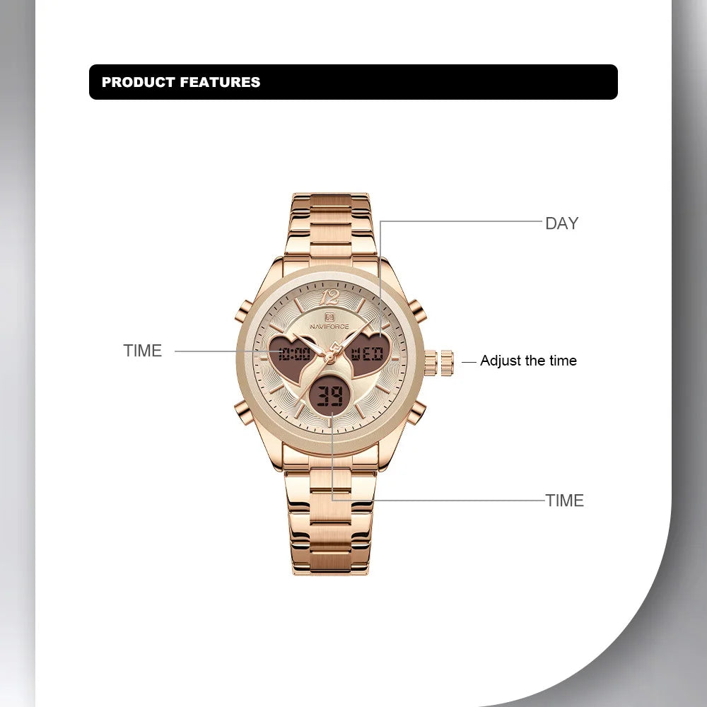 NAVIFORCE Women Watch Unique Design of Heart-Shaped Dial Quartz Analog LCD Digital Watches Fashion Casual Girlfriend Gifts Clock