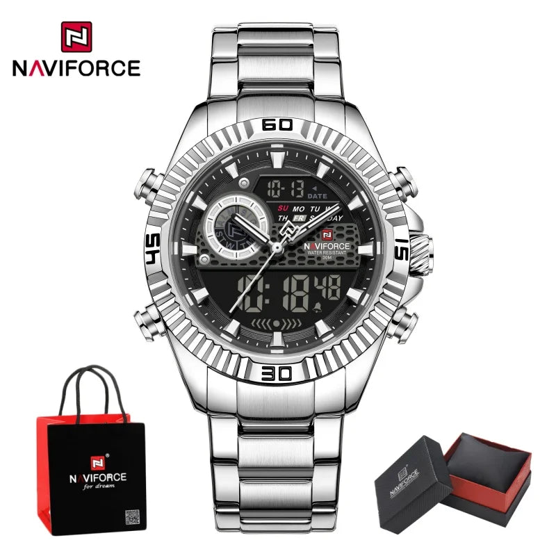 NAVIFORCE Men Watches Quartz Dual Display Waterproof Stainless Steel Male Luxury Fashion Business Outdoor Wristwatch Gifts Box