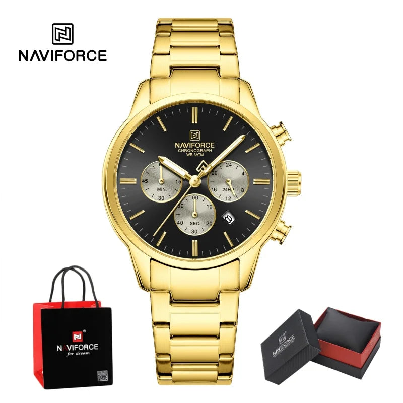 NAVIFORCE 2026 Man's Watch Quartz Chronograph 30M Waterproof Date Display Steel Band Male Fashionable Luxury Wristwatch Gift Box