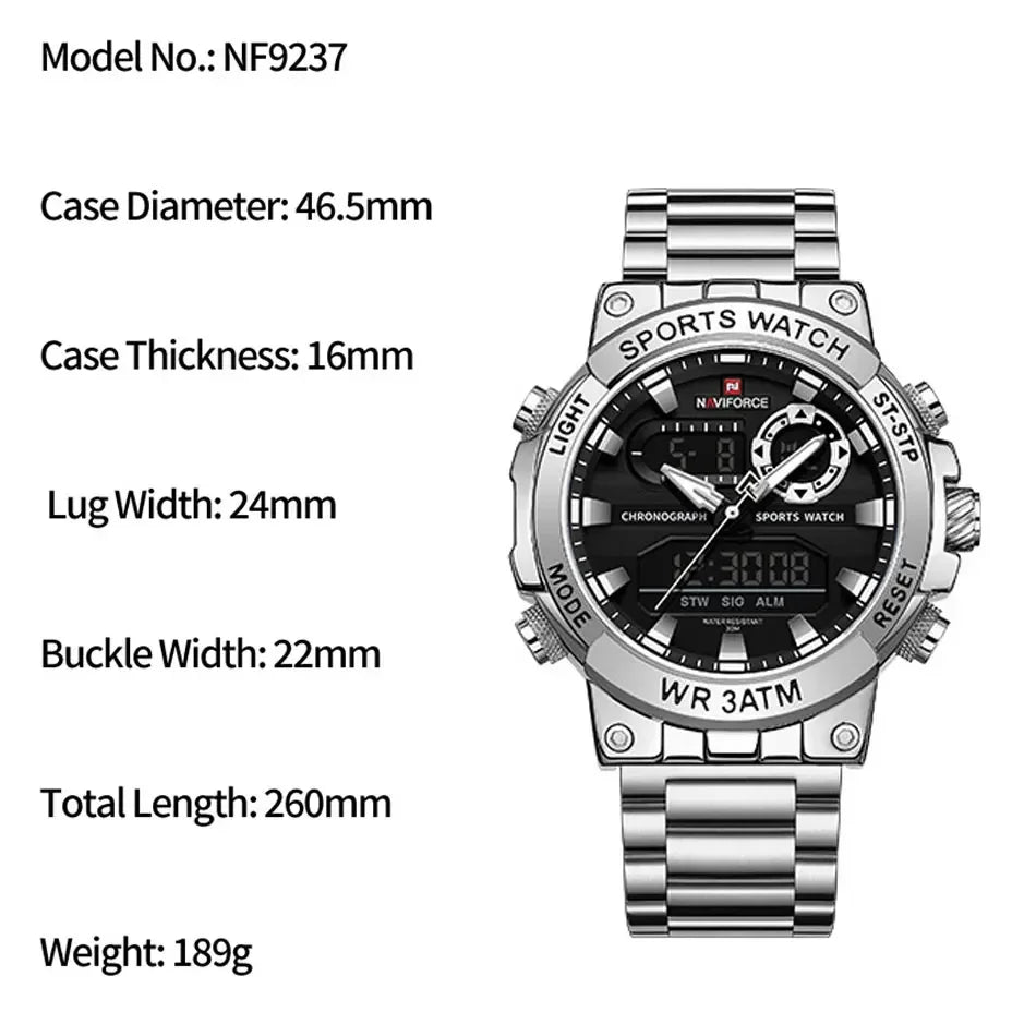 NAVIFORCE Men Watch Stopwatch Dual Time Display Men's Watch Fashion Sport Watch Stainless Steel Strap Waterproof  Package Gifts