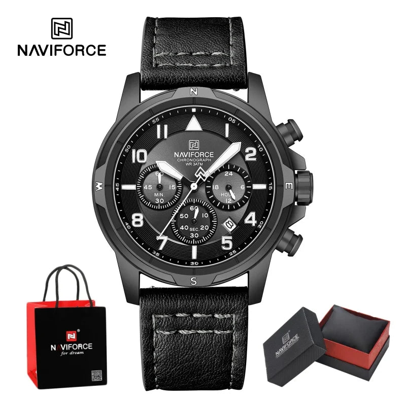 NAVIFORCE Classic Men Quartz Chronograph Watch 3ATM Waterproof Date Display Leather Strap Business Wristwatch Gift Box for Male