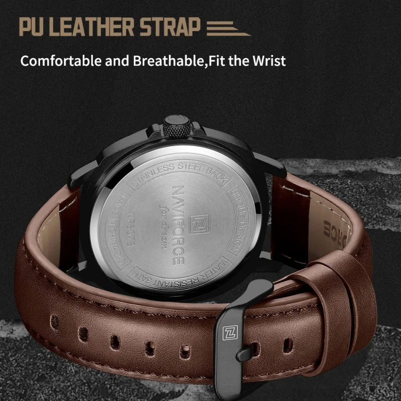 NAVIFORCE New Male Wristwatch Gift Box Quartz Calendar PU Band Calendar High Quarlity 30M Waterproof Business Man's Watch NF8078