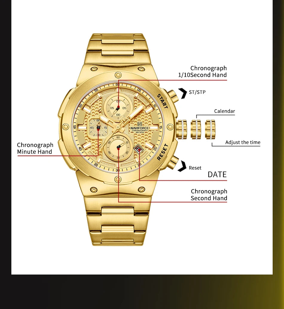 NAVIFORCE Top Luxury Men Watches Luminous Date Waterproof Chronograph Quartz Man Watch Stainless Steel Sport Military Wristwatch