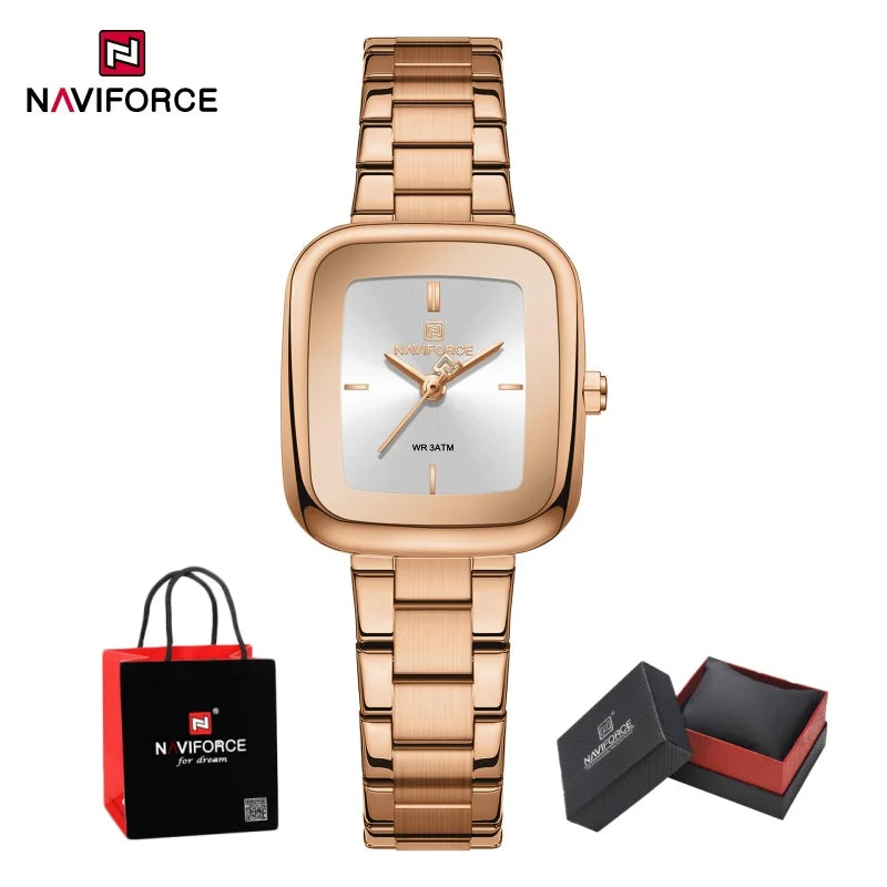 NAVIFORCE Square Watches for Women 3ATM Waterproof Stainless Steel Fashion Ultra Light Girls' Watch Wristwatch Gift Box for Lady