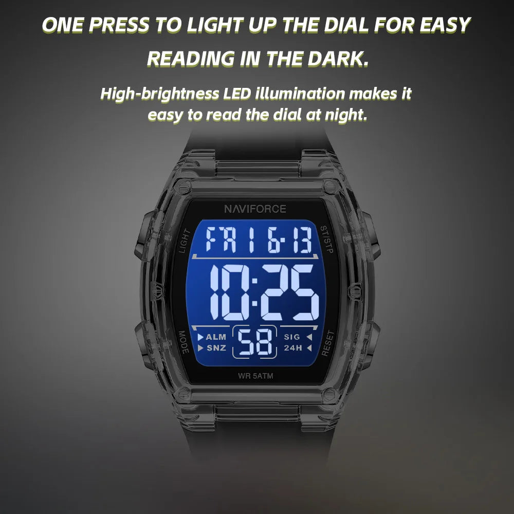 NAVIFORCE Luxury LCD Digital Sport Watches For Men Luxury Casual Alarm Clock 50M Waterproof Silicone Band Electronic Wristwatch