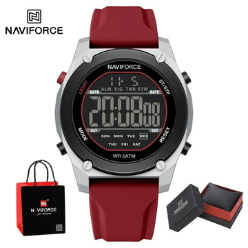 NAVIFORCE Men's LCD Digital Watch 50M Water Resistant Electronic Calendar Fashion Silicone Band Alarm Clock Wristwatch Gifts Box