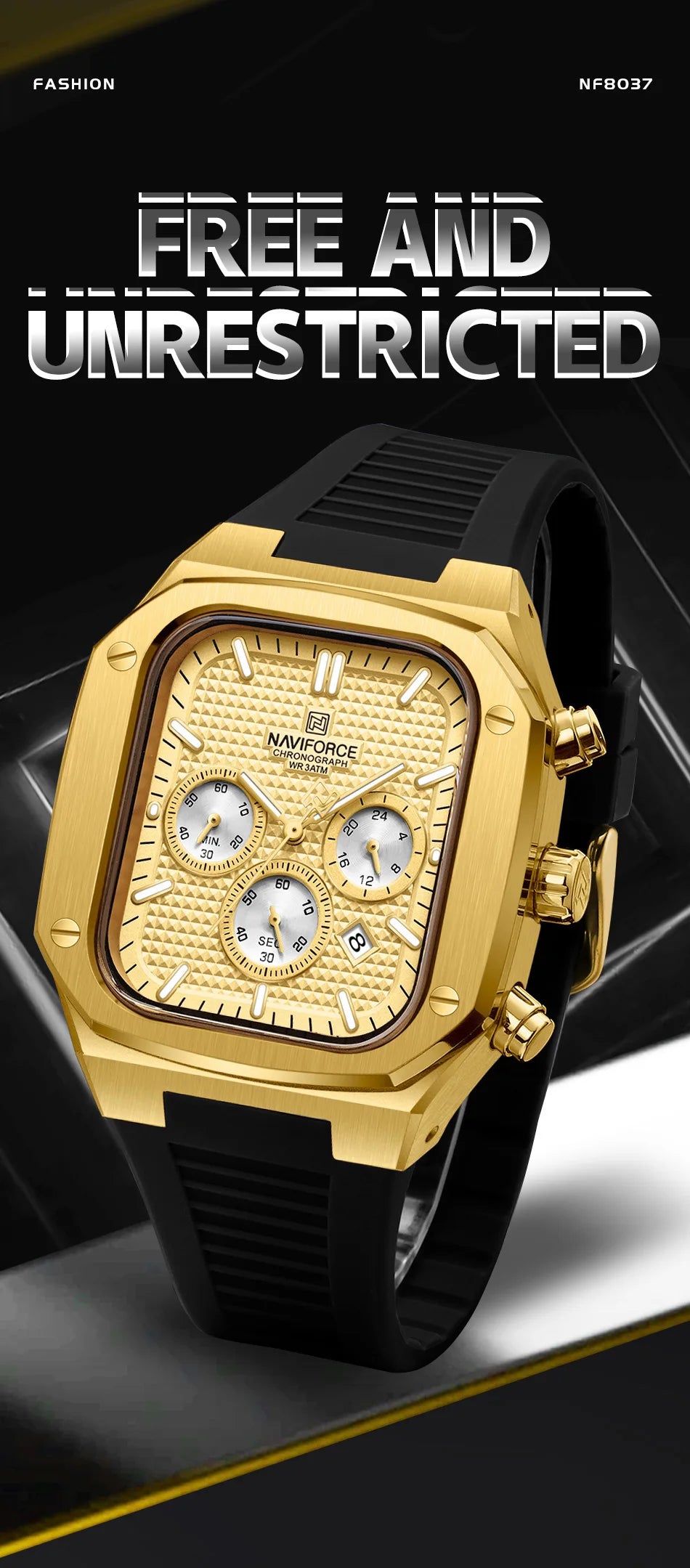 NAVIFORCE Men's Luxury Gold Watch Fashion Silicone Strap Quartz Movement Waterproof Square Wristwatch with Luminous Hands And Da