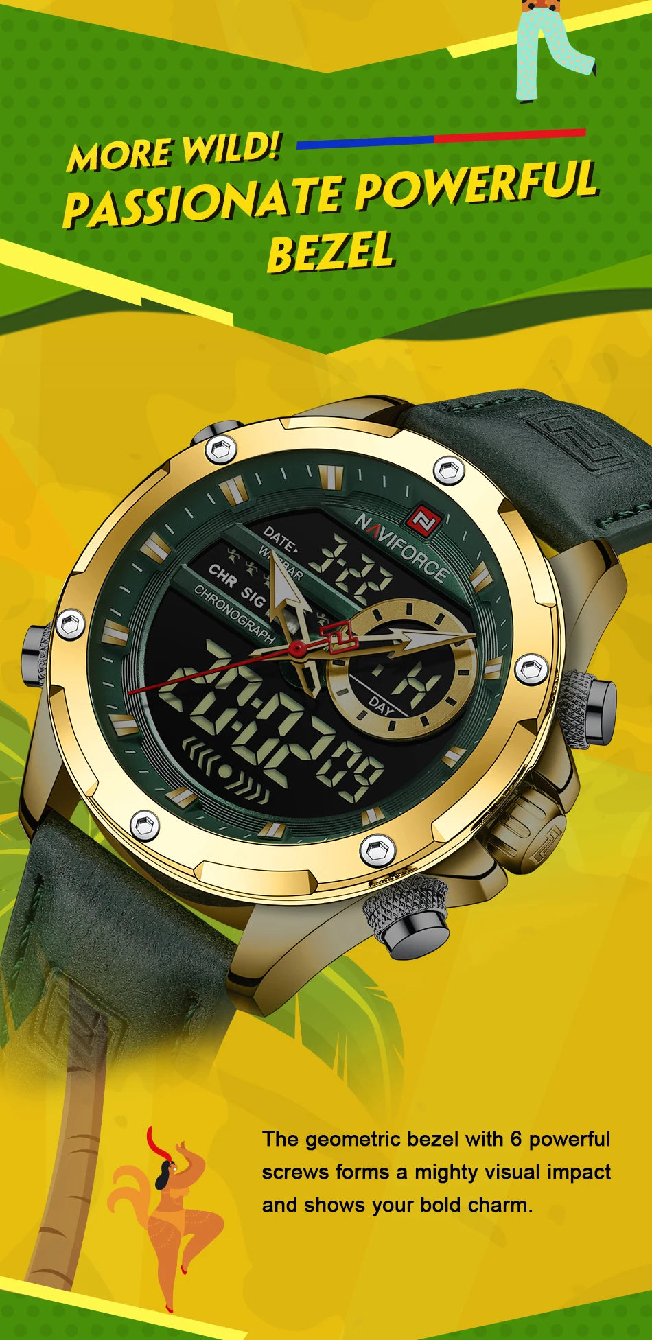 NAVIFORC Casual Sport Chronograph Men's Watch Genuine Leather Band Wristwatch Quartz Clock Luminous Display Relogio Masculino