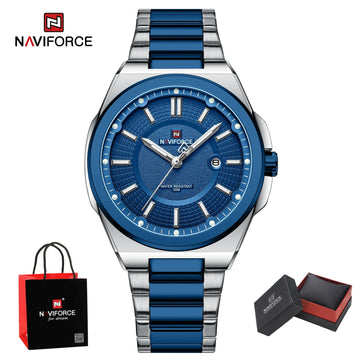 NAVIFORCE Men's Watch Stainless Steel Strap Military Casual Business Quartz Waterproof Calendar Clock with Gift Box