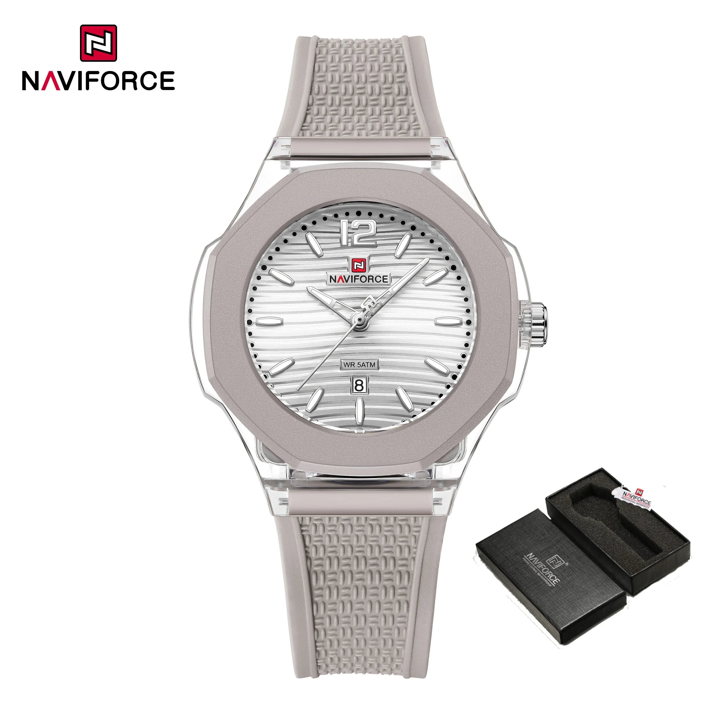 NAVIFORCE Fashion Watch for Women 5ATM Waterproof Silicone Strap Auto Date Display Night Illumination Ladies Elegant Watch Gift